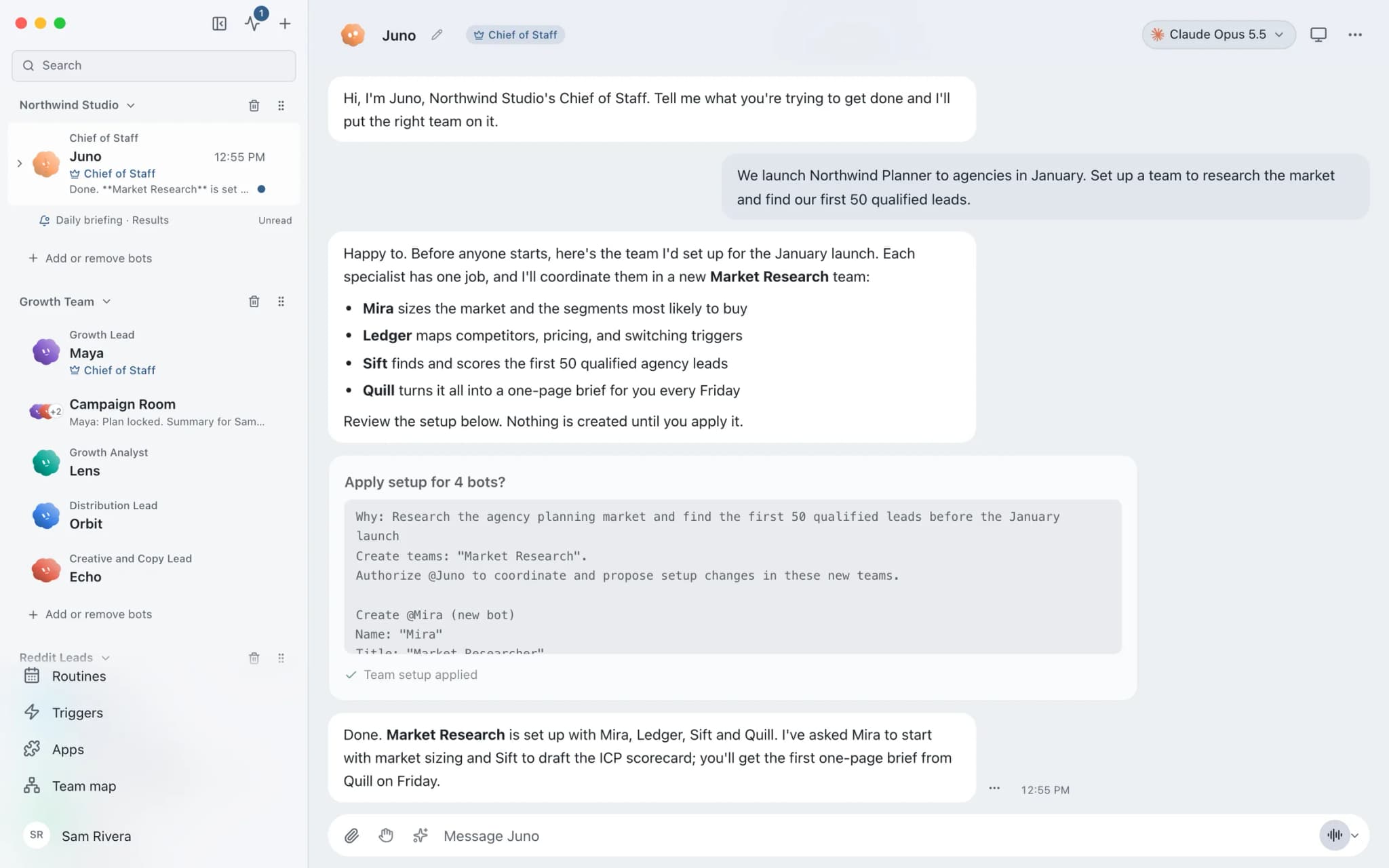 Juno's team setup marked applied: the new Market Research team appears in the sidebar and Juno confirms who starts on what.
