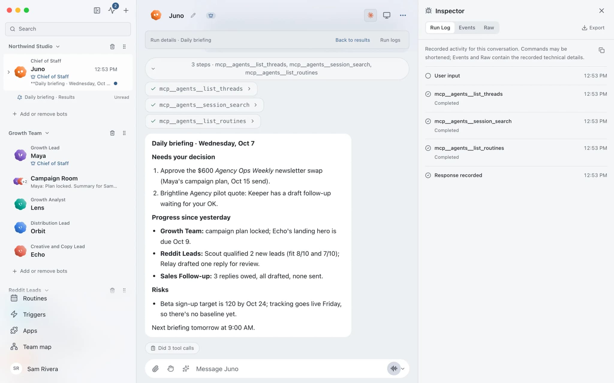 The Inspector beside a routine run: Run Log, Events and Raw tabs listing user input, three completed tool calls and the recorded response.