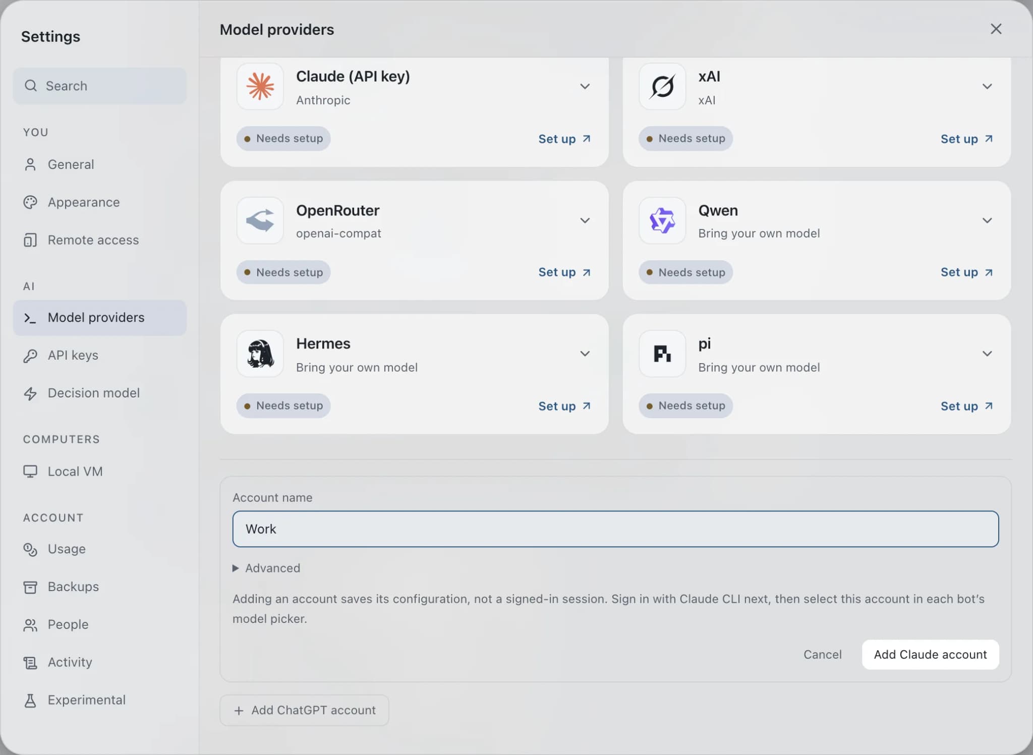 Settings → Model providers with the Add Claude account form open, beside provider cards for Claude API key, xAI, OpenRouter, Qwen, Hermes and pi.