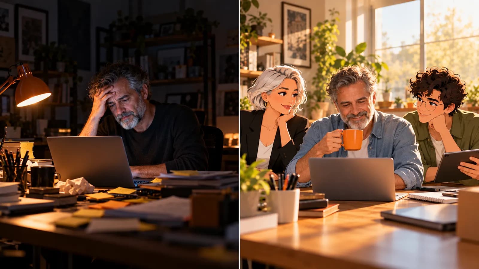 Split scene: at 11:30 pm a man works alone among sticky notes; at 7:00 am he relaxes with coffee beside AI agents Nova and Atlas.