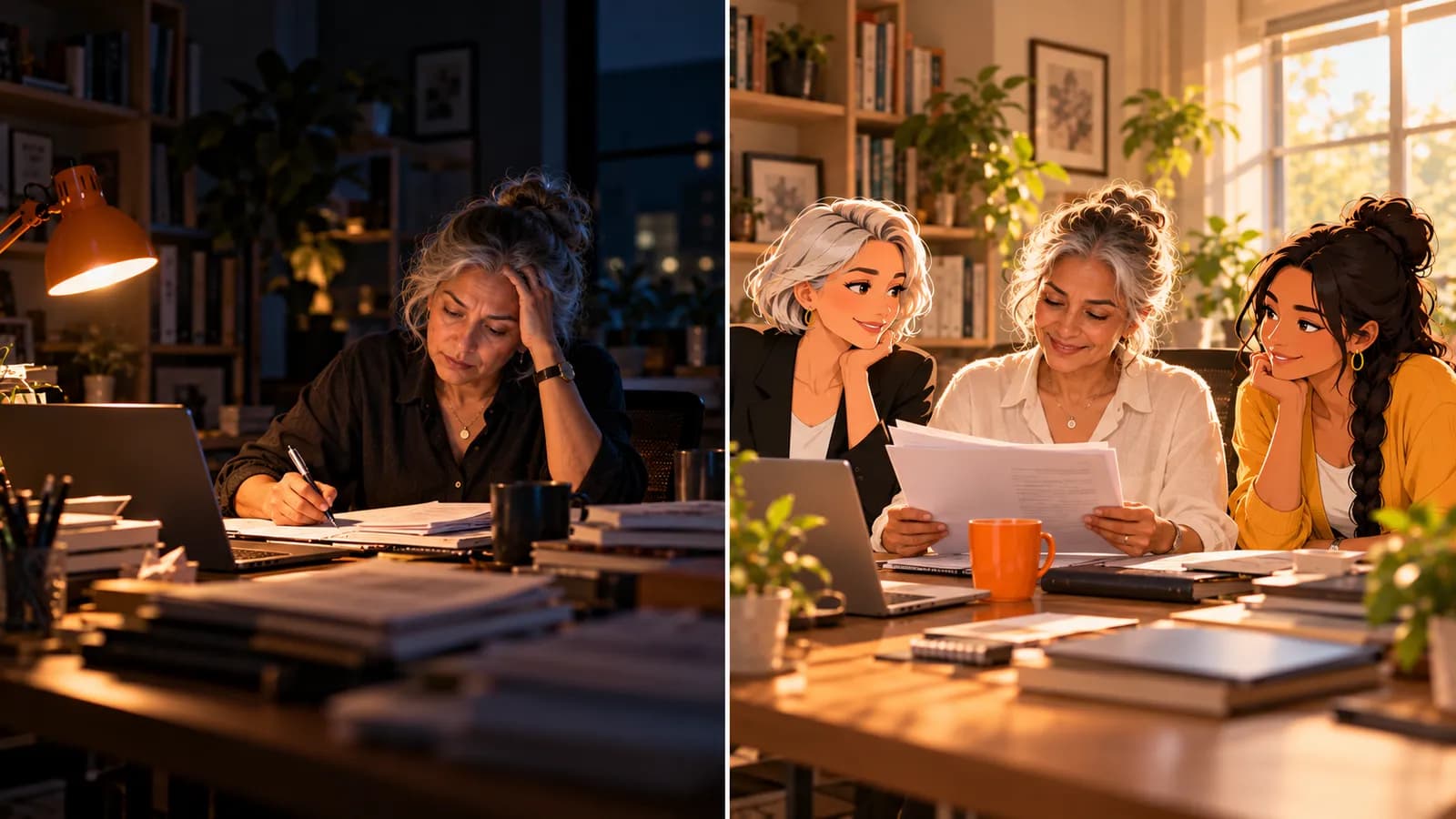 Split scene: at 11:00 pm a consultant drafts a proposal alone; at 7:00 am she reads the finished draft with AI agents Nova and Sage.