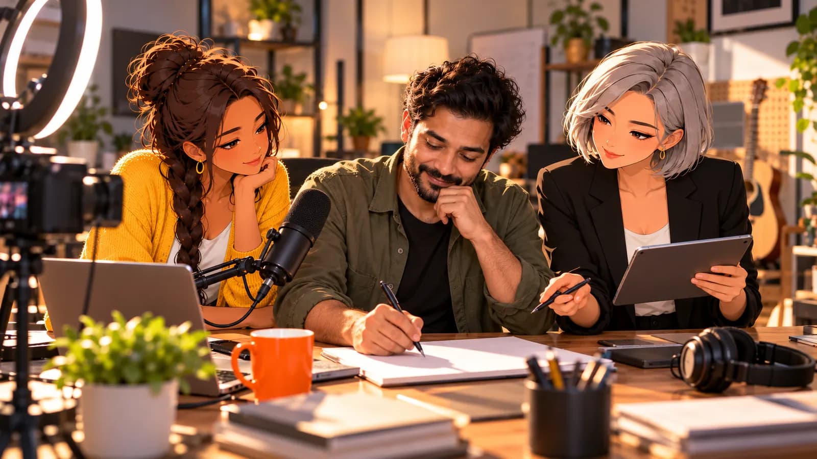 A course creator plans a lesson at his recording desk with a microphone and laptop while illustrated Brainwrite AI agents Sage and Nova sit beside him.