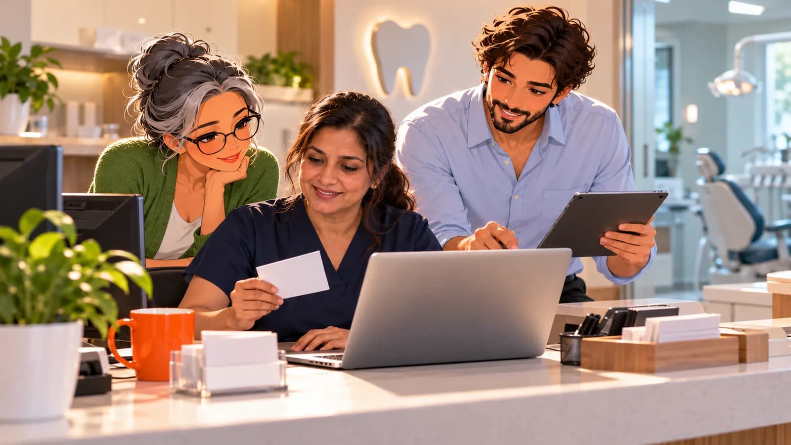 A dental practice manager works on a laptop at the reception desk before opening while illustrated Brainwrite AI agents Penny and Dash help beside her.