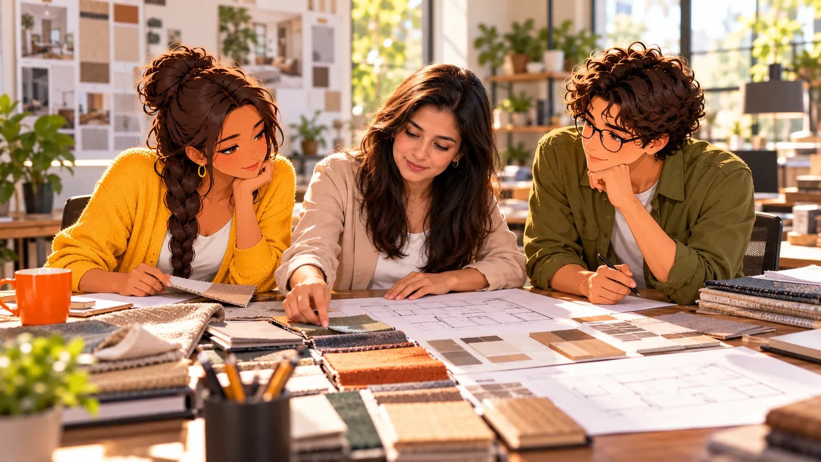 An interior designer works through fabric swatches and floor plans at a studio table while illustrated Brainwrite AI agents Sage and Atlas sit beside her.