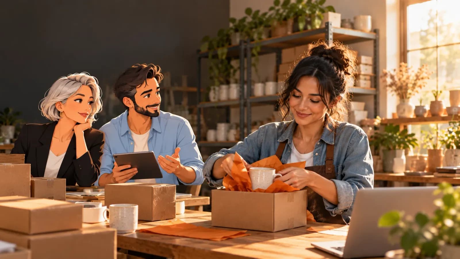 A shop owner packs a ceramic mug into a box as two illustrated Brainwrite AI agents, Nova and Dash, report back from her packing table.