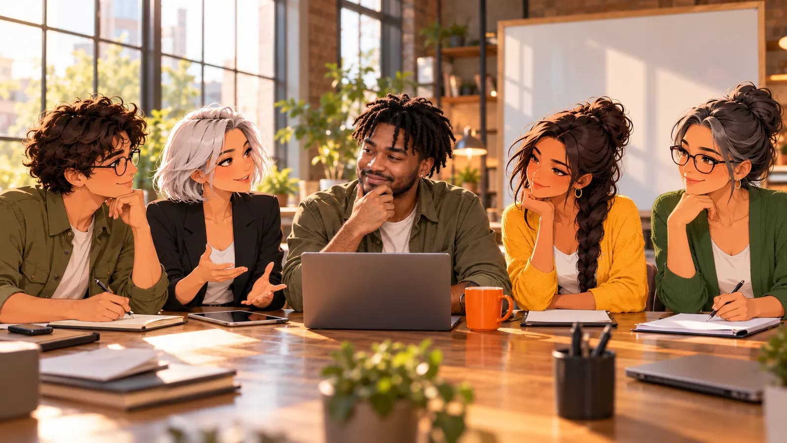 A startup founder thinks at the centre of a loft table while illustrated Brainwrite AI agents Atlas, Nova, Sage and Penny work alongside him.
