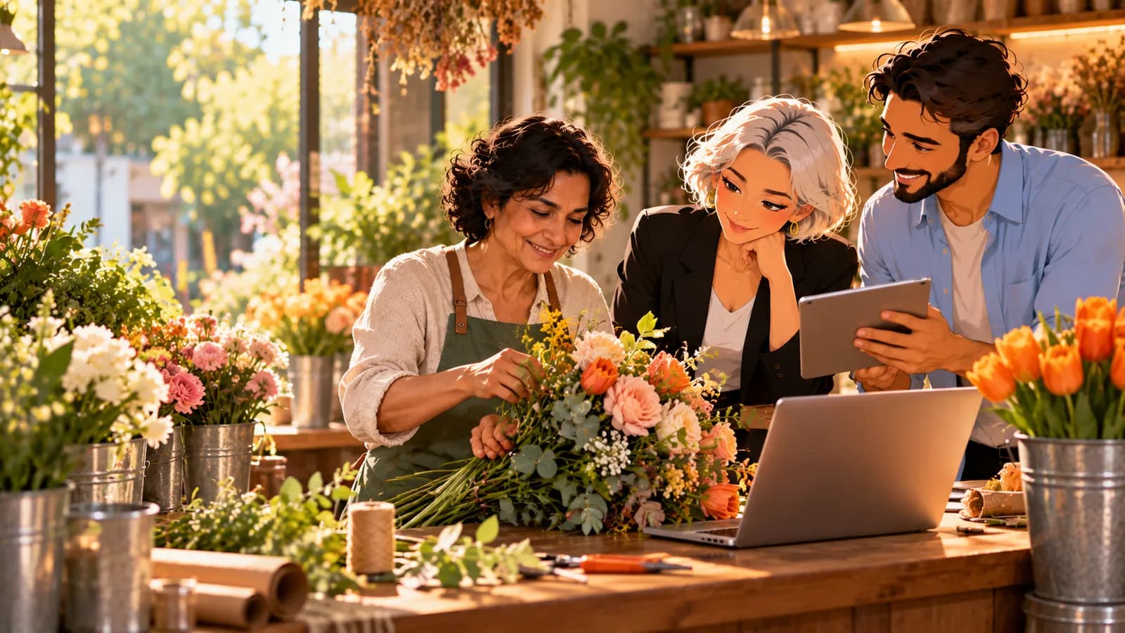 A florist arranges a bouquet in her shop while illustrated AI agents Nova and Dash show her the day's orders on a tablet.