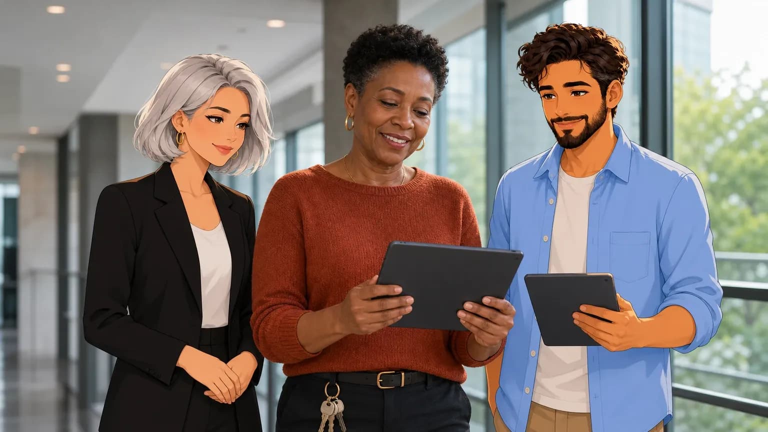 A property manager checks a tablet in a bright apartment building hallway, keys clipped to her belt, while illustrated Brainwrite AI agents Nova and Dash help.