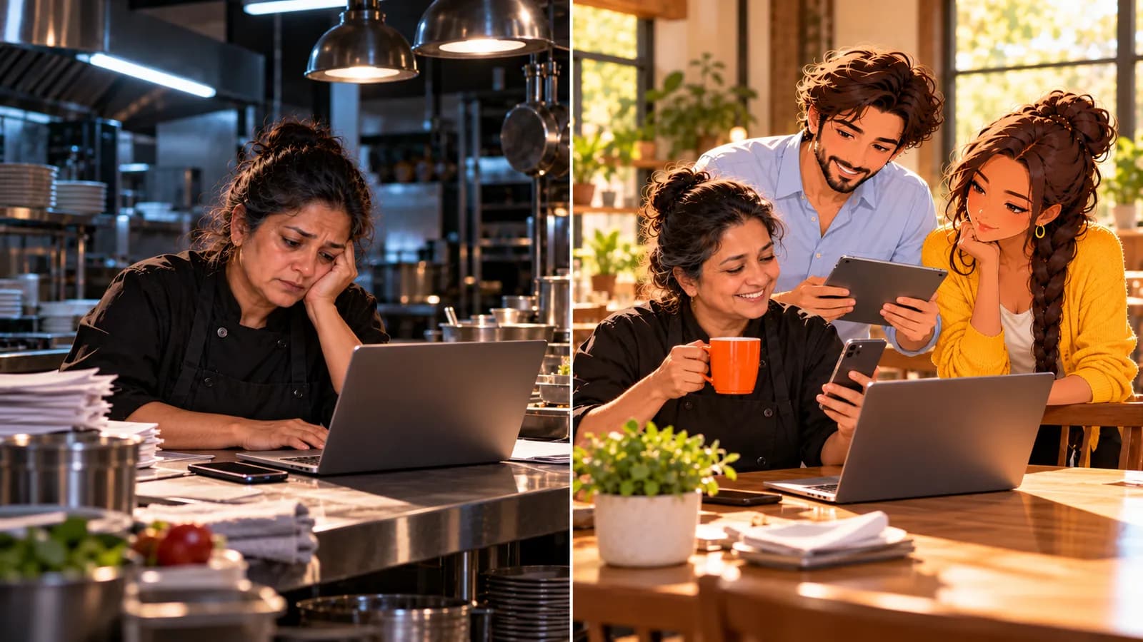 Split scene: late at night a chef-owner works on a laptop at her kitchen counter; in the morning she smiles at her phone over coffee while illustrated AI agents Dash and Sage sit with her.