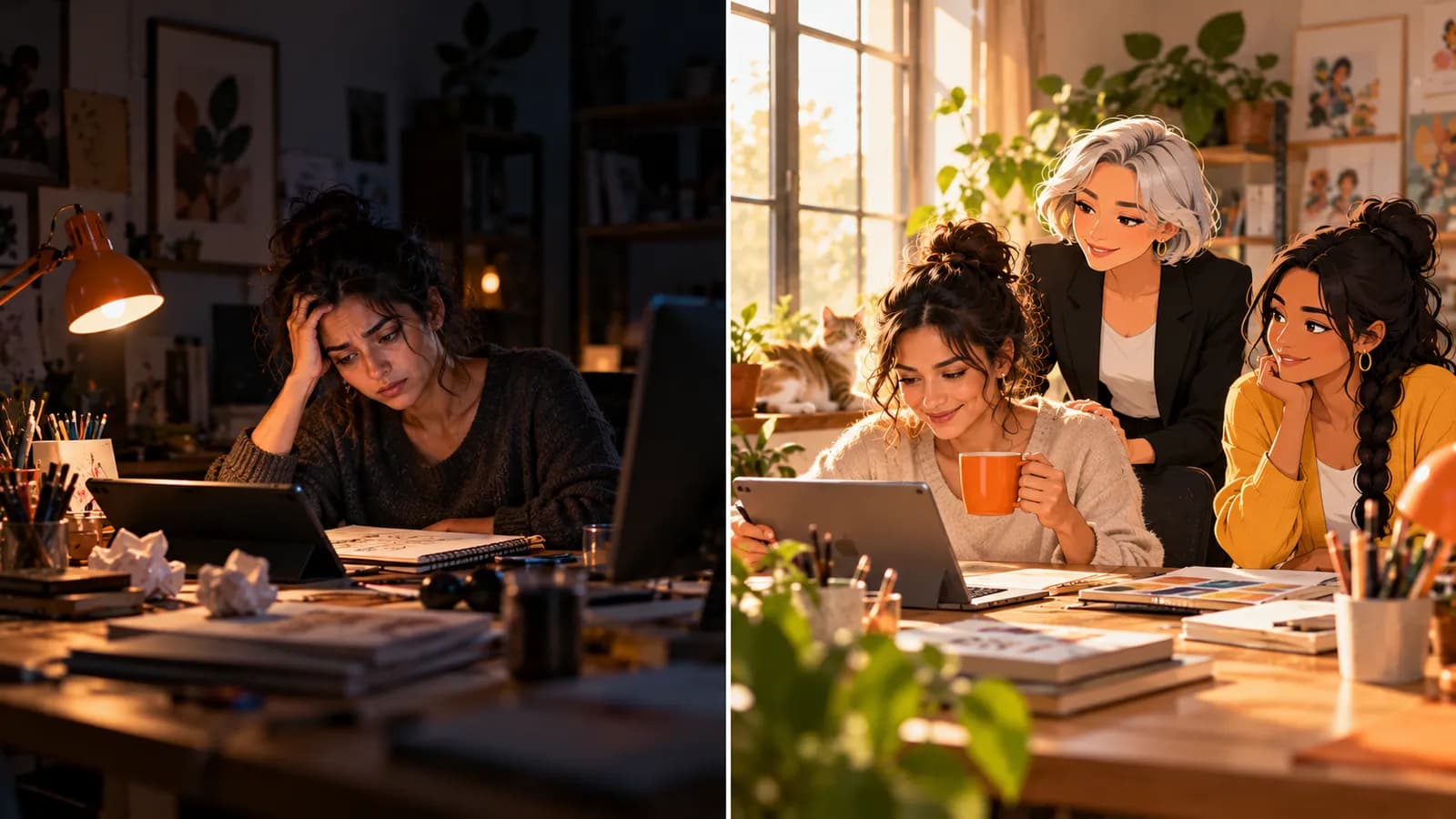 Split scene: at 11:30 pm a freelance illustrator is exhausted at her desk; at 7:00 am she relaxes with tea beside AI agents Nova and Sage.