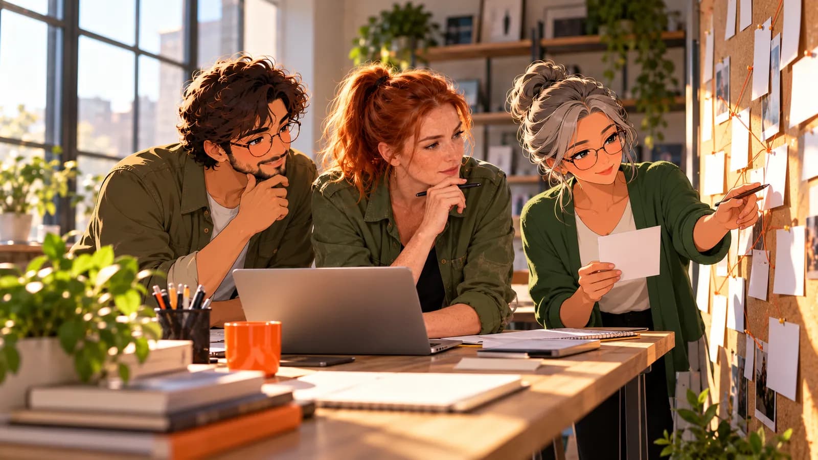 A strategist works at a laptop by a corkboard of notes while illustrated Brainwrite AI agents Atlas and Penny review competitor changes with her.