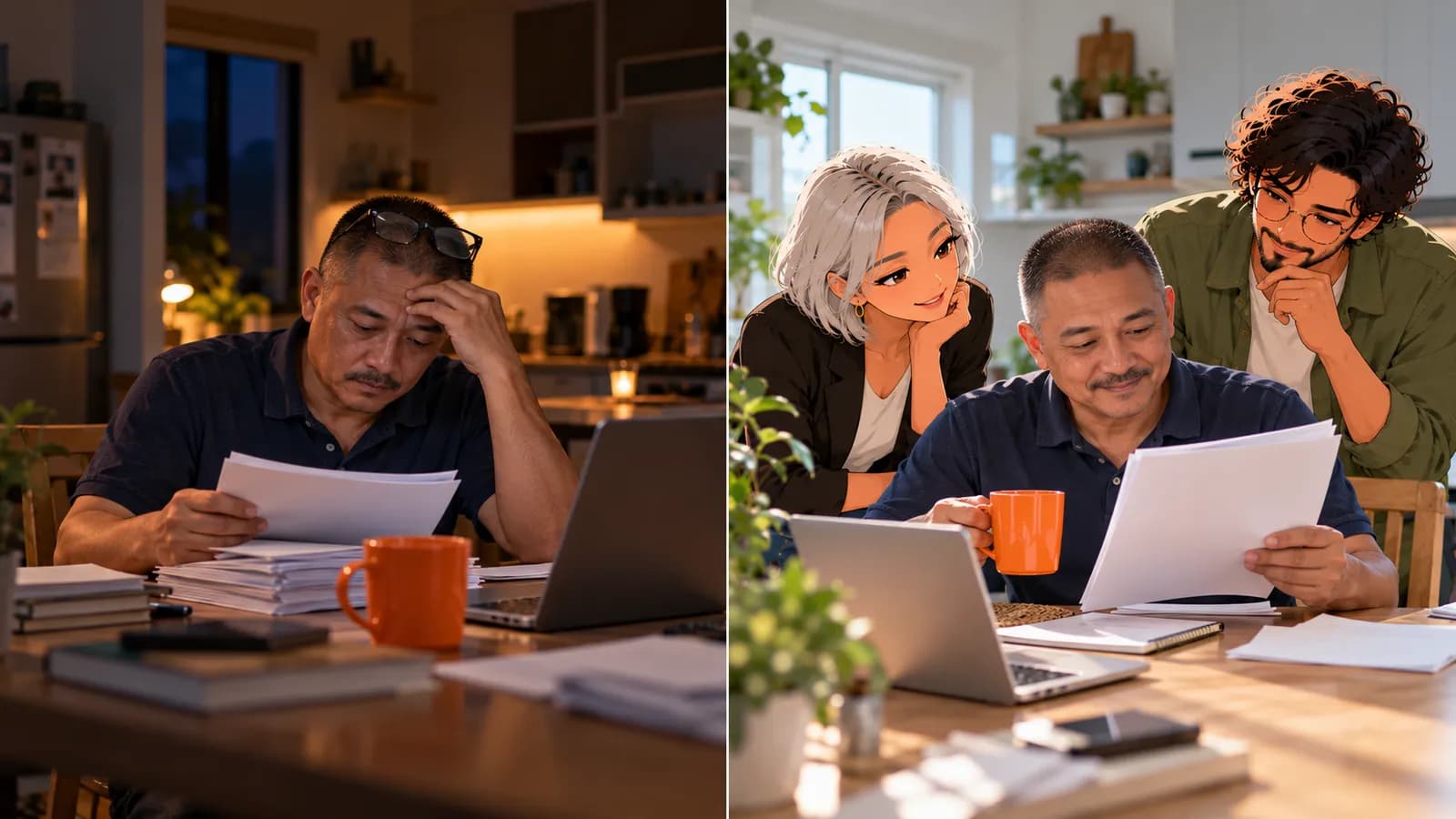 Split scene: late at night a small business owner struggles with a contract at his laptop; in the morning he reads a plain-English summary with illustrated AI agents Nova and Atlas.