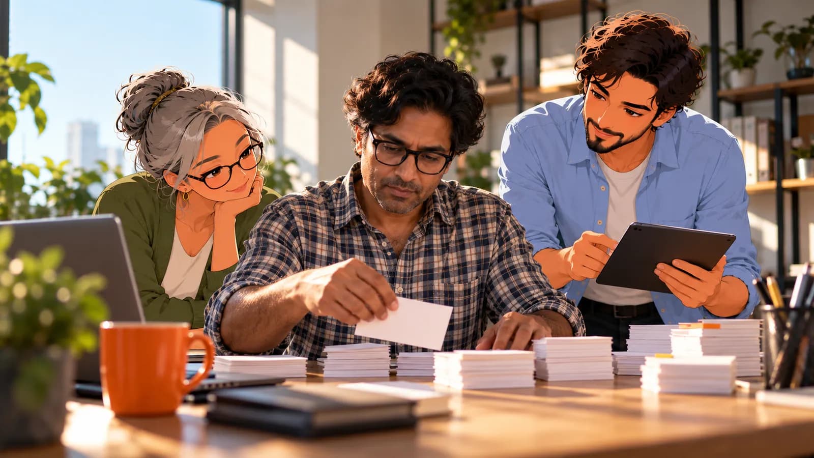 A sales operations manager sorts index cards beside his laptop while illustrated Brainwrite AI agents Penny and Dash check the CRM with him.
