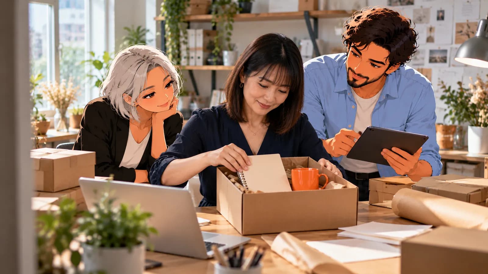 An agency owner packs a welcome box at her studio desk with her laptop open while illustrated Brainwrite AI agents Nova and Dash help.