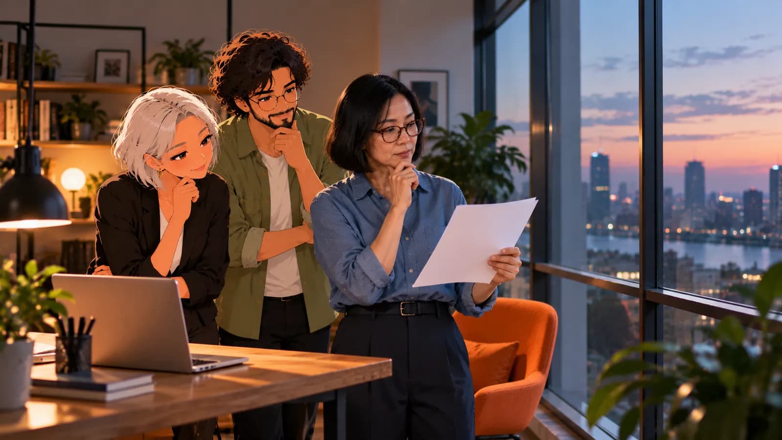 A founder reads a one-page decision memo by a tall window at dusk, laptop on the desk beside her, while illustrated Brainwrite AI agents Nova and Atlas look on.
