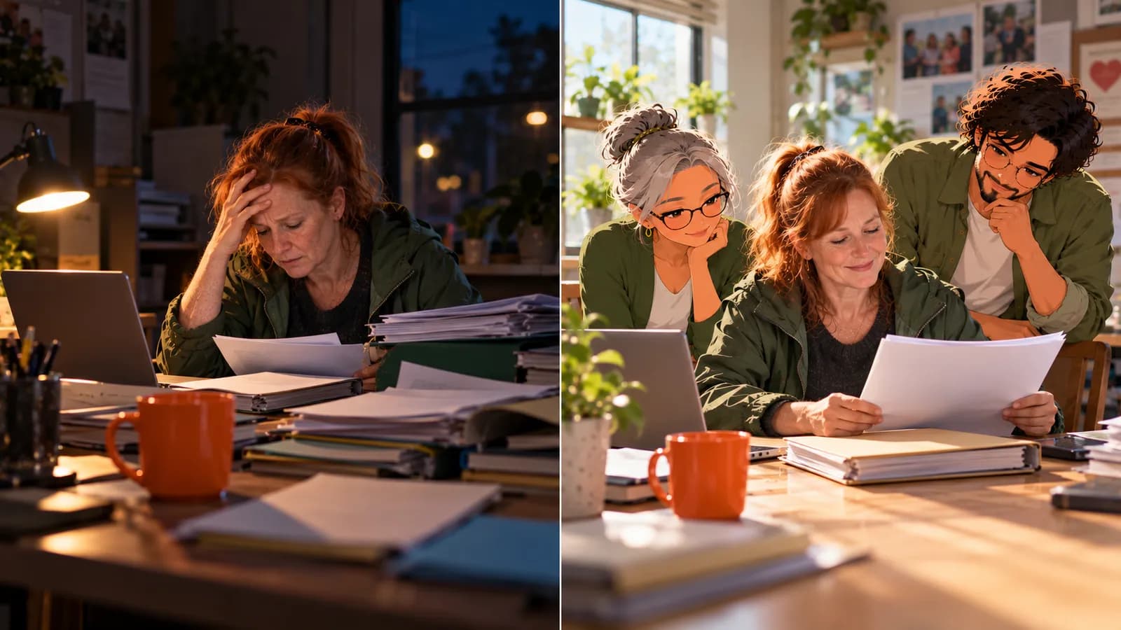 Split scene: late at night a charity programme manager is buried in grant paperwork at her laptop; in the morning she reads a shortlist with illustrated AI agents Penny and Atlas.