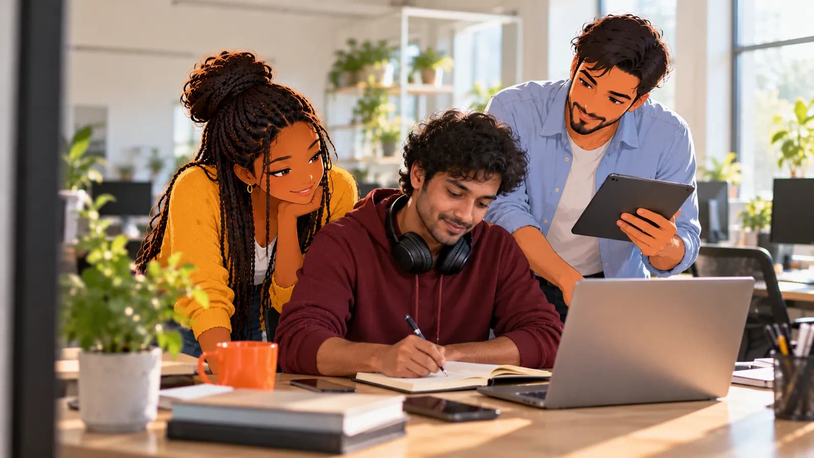 A support team lead drafts help articles at his laptop, headphones round his neck, while illustrated Brainwrite AI agents Sage and Dash help.