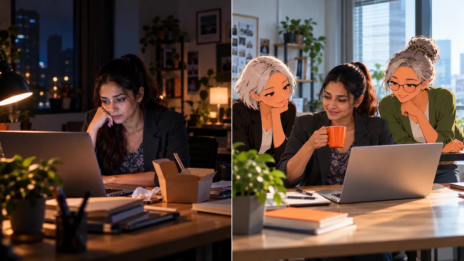 Split scene: late at night a startup founder works alone at her laptop; in the morning she reviews the investor update over coffee with illustrated AI agents Nova and Penny.