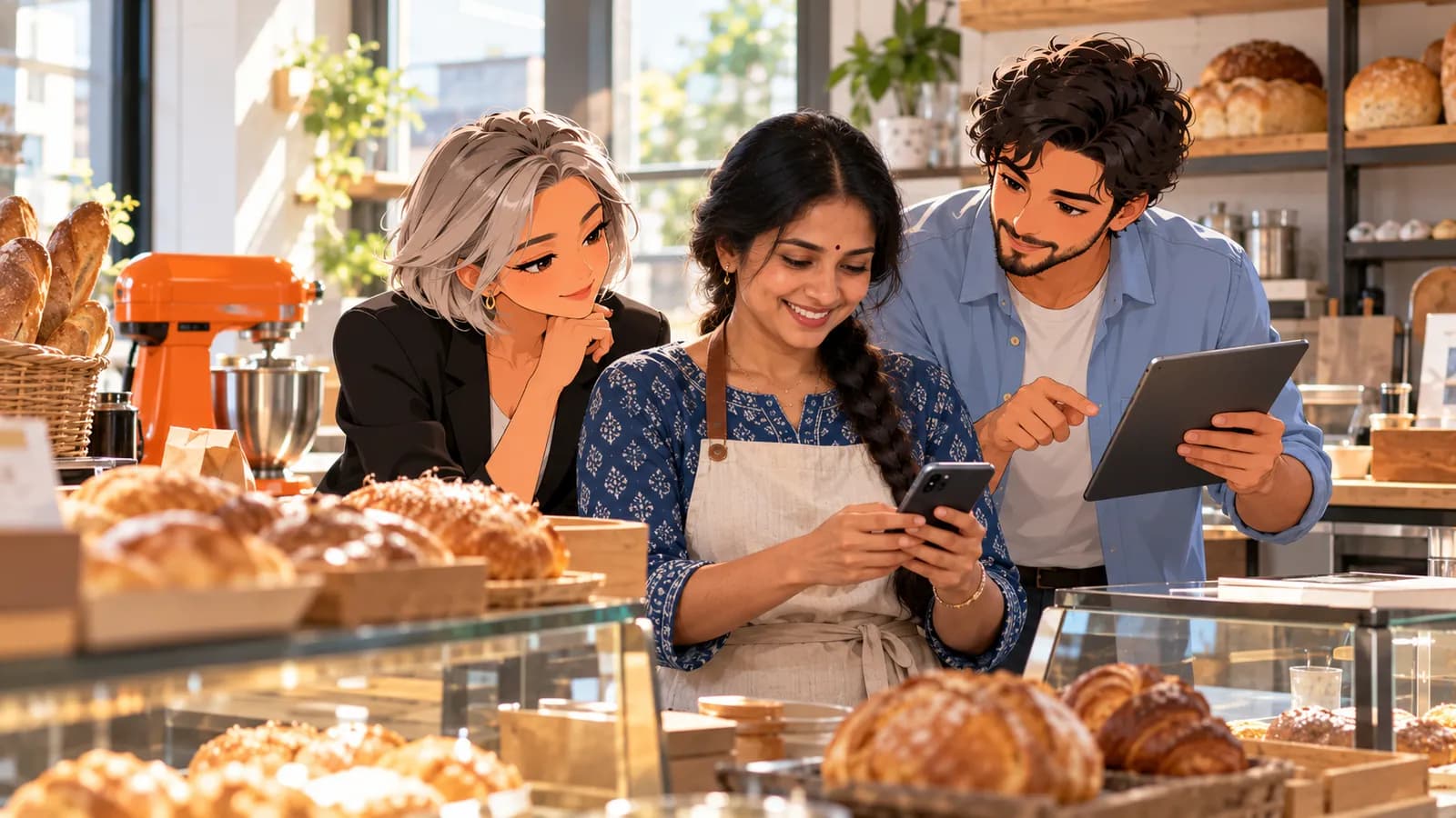 A bakery owner checks her phone behind the counter while illustrated Brainwrite AI agents Nova and Dash review her local listing on a tablet.