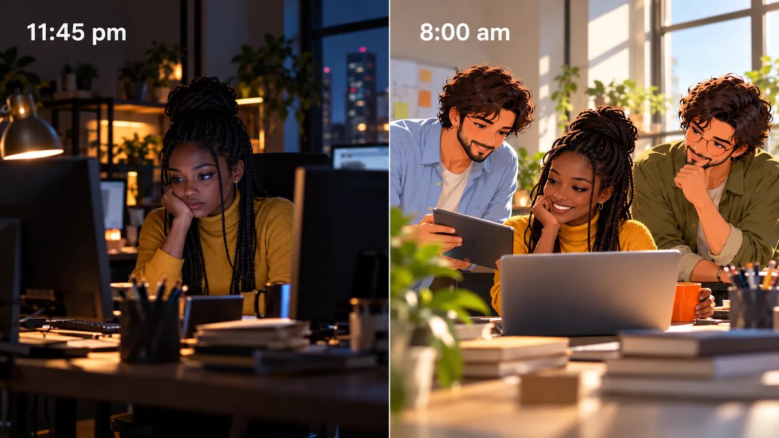 Split scene: at 11:45 pm an engineering lead sits alone between monitors; at 8:00 am she reviews the release on her laptop with illustrated AI agents Dash and Atlas.
