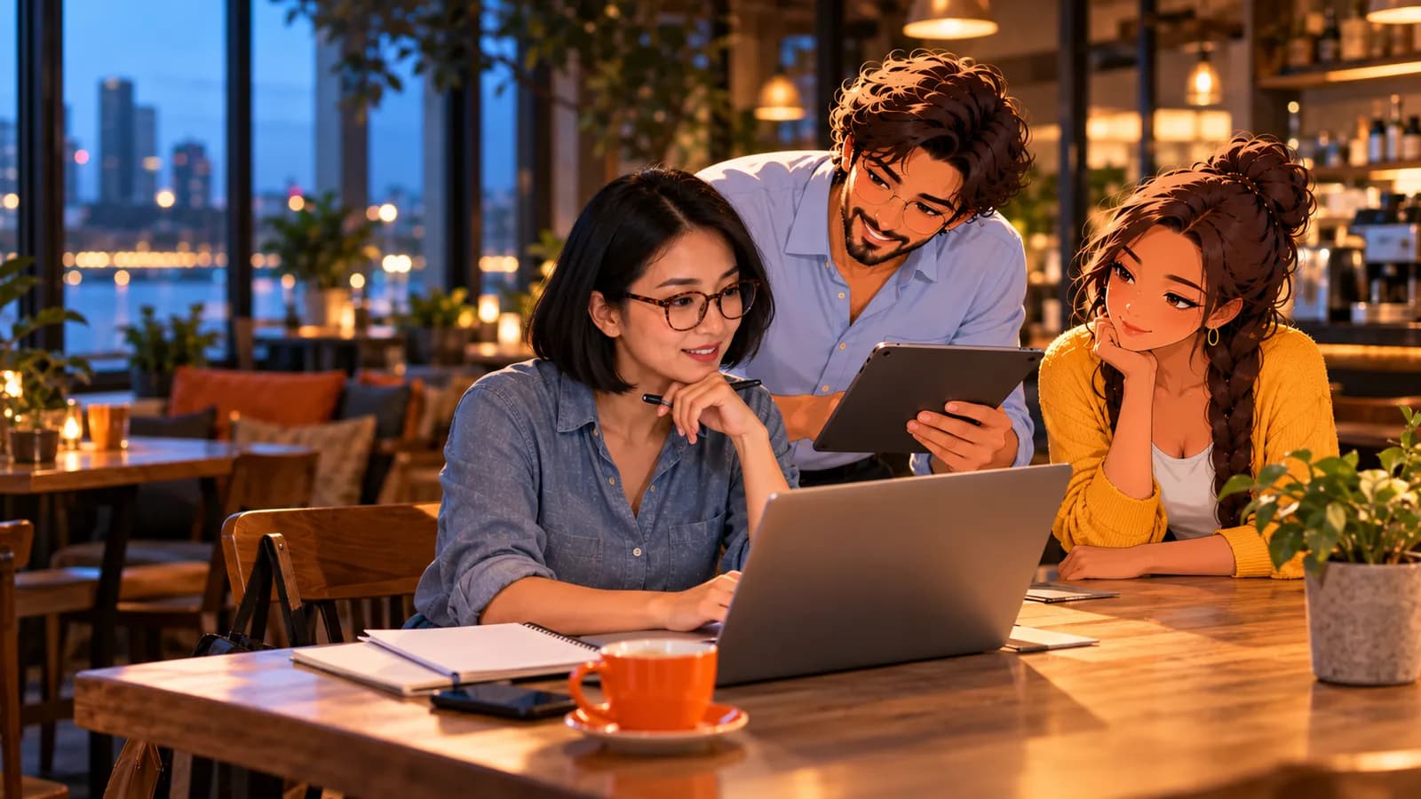 A salesperson works through follow-ups on her laptop in a café at dusk while illustrated Brainwrite AI agents Dash and Sage help beside her.