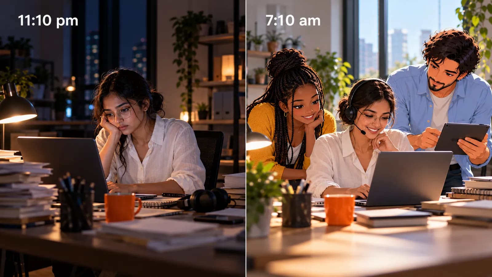 Split scene: at 11:10 pm a support lead works alone at her laptop; at 7:10 am she answers customers on a headset with illustrated AI agents Sage and Dash beside her.