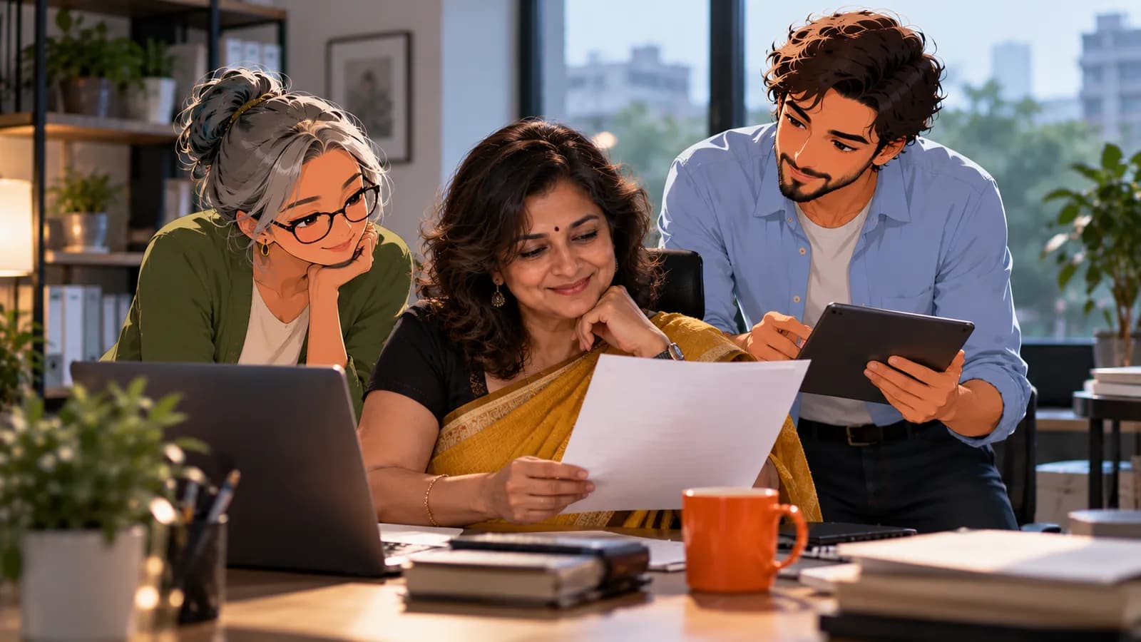 An operations manager in a mustard saree reads the weekly report at her desk while illustrated Brainwrite AI agents Penny and Dash help.