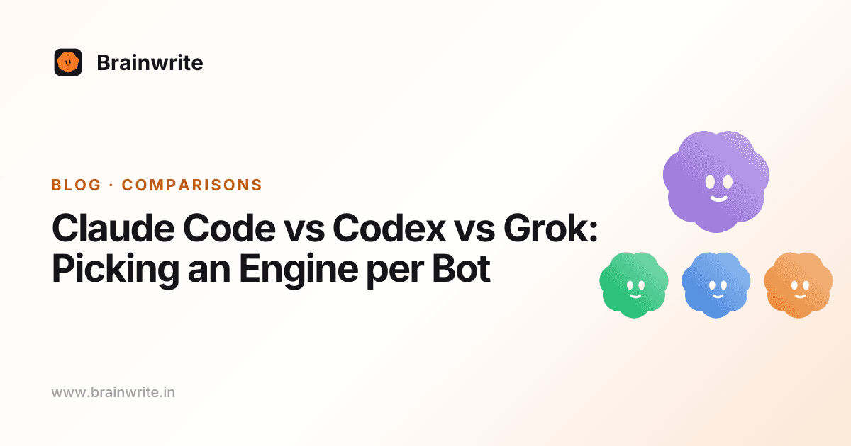 Claude Code vs Codex vs Grok: Picking an Engine per Bot: cover art with the Brainwrite team