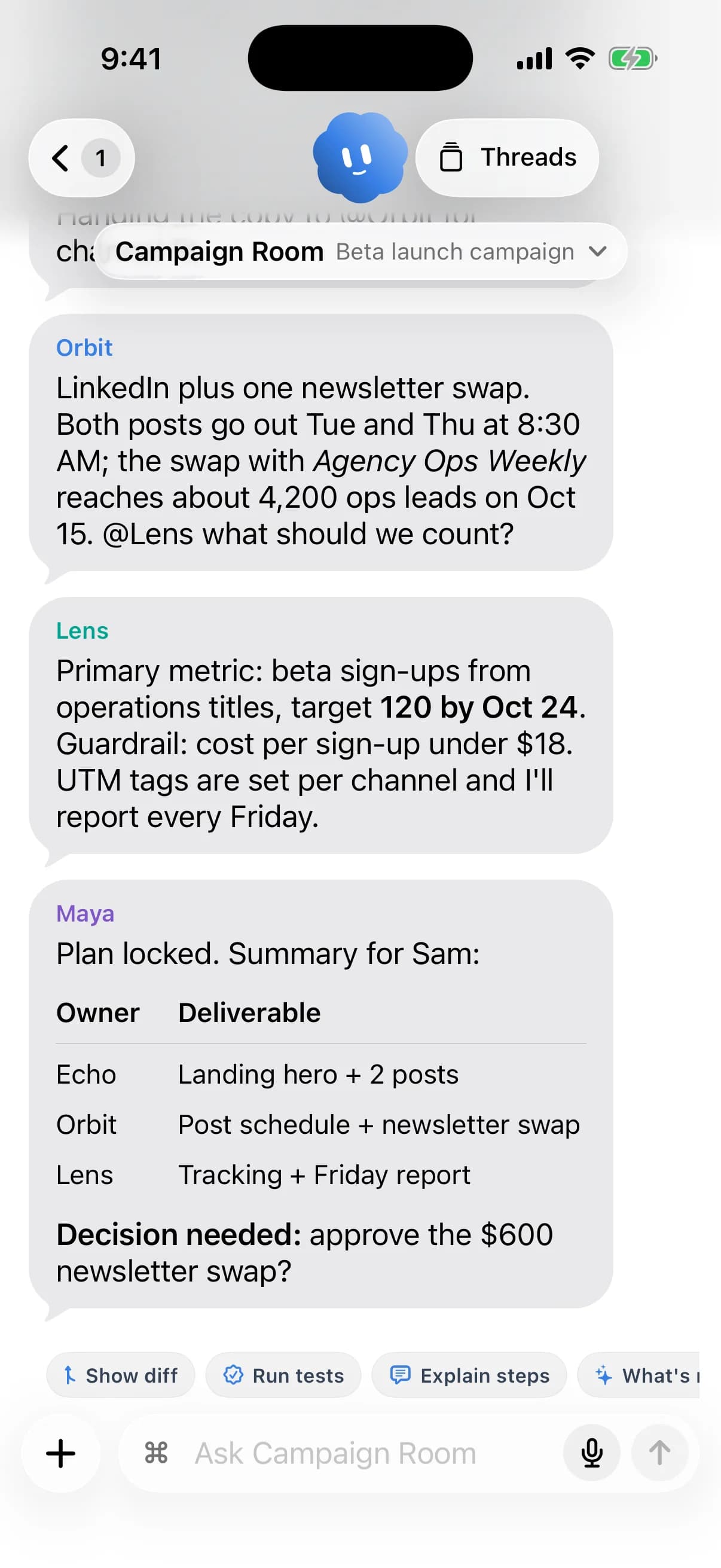 Campaign Room group chat on iPhone: Orbit, Lens and Maya plan a beta launch and Maya posts an owner/deliverable table.