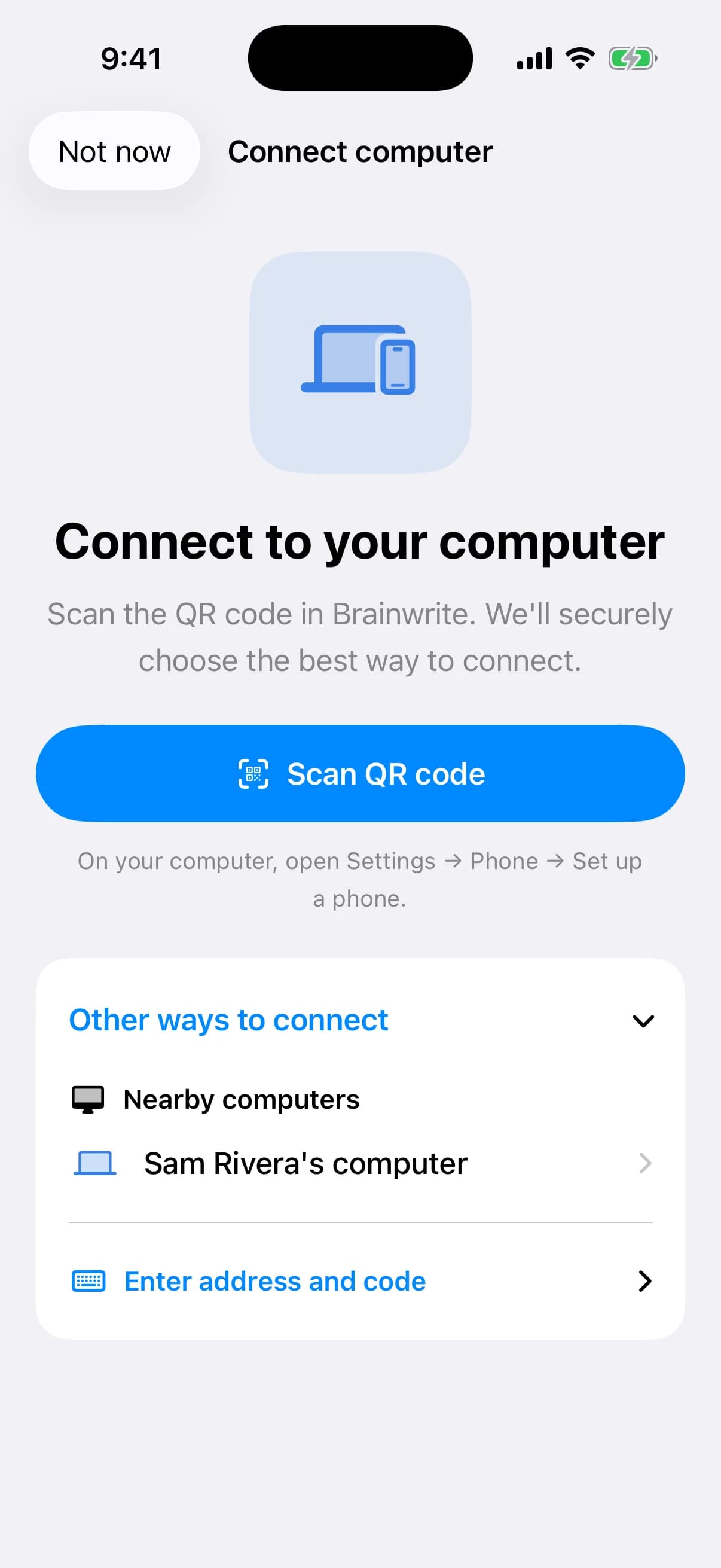 iPhone Connect to your computer screen with Scan QR code and a nearby computer found on the network for code pairing.