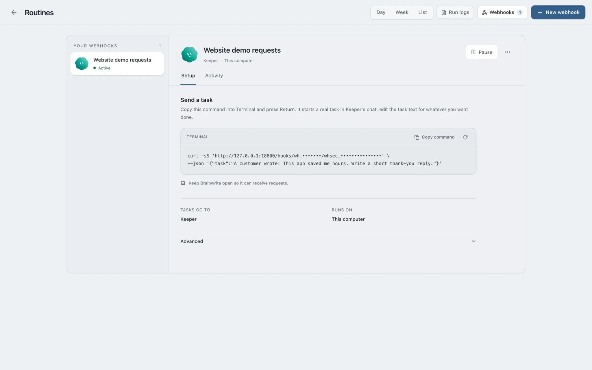 Webhooks page: a Website demo requests webhook for Keeper, active on this computer, with a copyable curl command that starts a task.