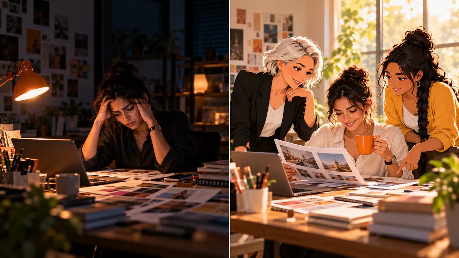 Split scene: at 11:30 pm an account manager is stuck at her desk; at 7:00 am she reviews client reports with AI agents Nova and Sage.