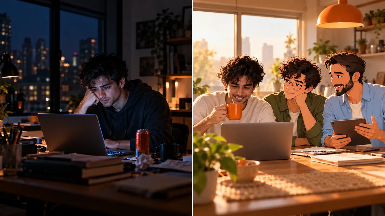 Split scene: at 11:04 pm a SaaS founder works alone in the dark; at 7:04 am he has coffee with AI agents Atlas and Dash.